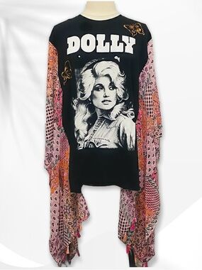 Custom Upcycled Dolly Graphic Tee with Pink & Orange Patchwork Sleeves XL-2XL